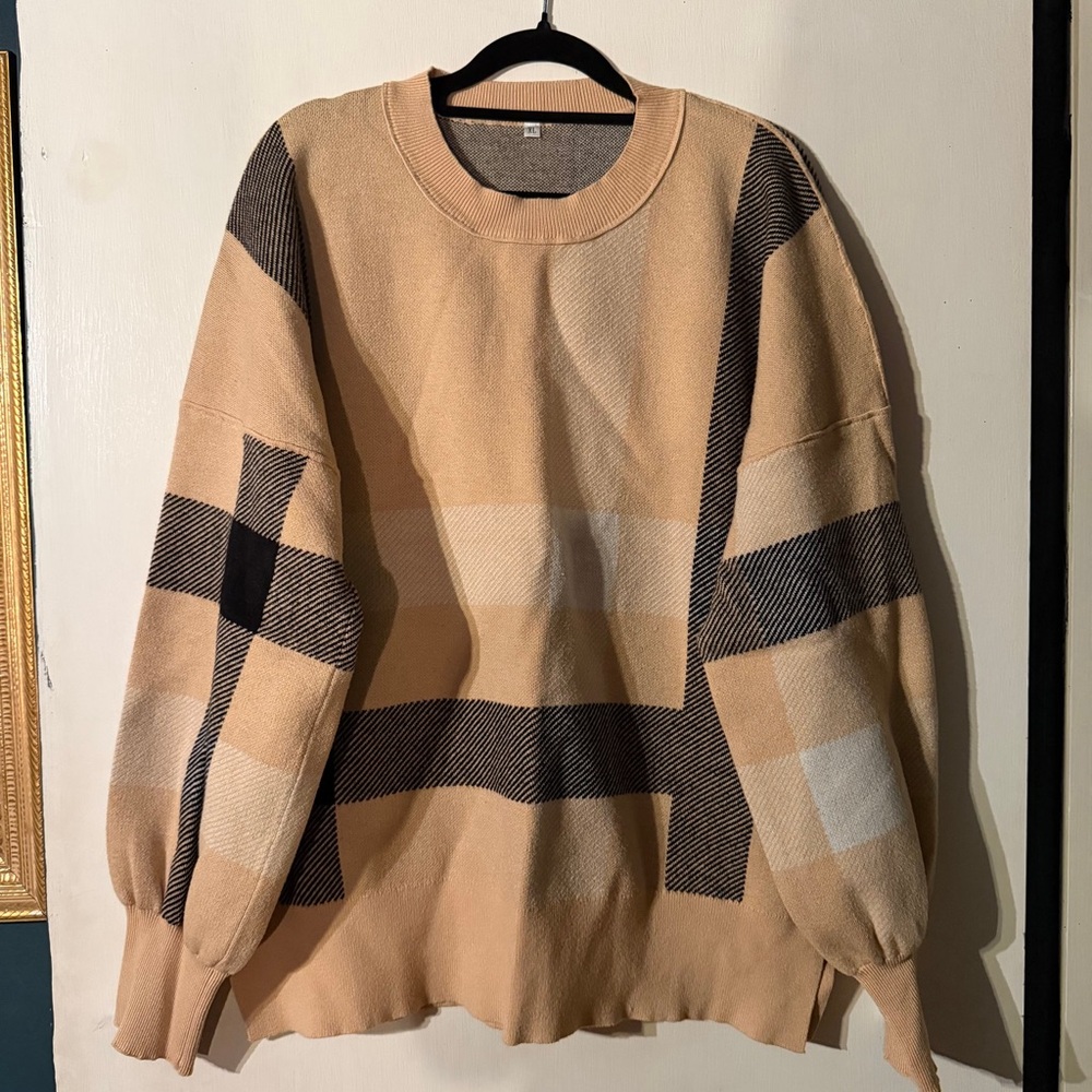 Men's Tan and Black Plaid Sweater
